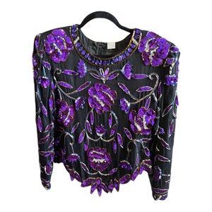 Vintage 100% Silk Black and Purple Sequin Blouse, Sz Petite Medium